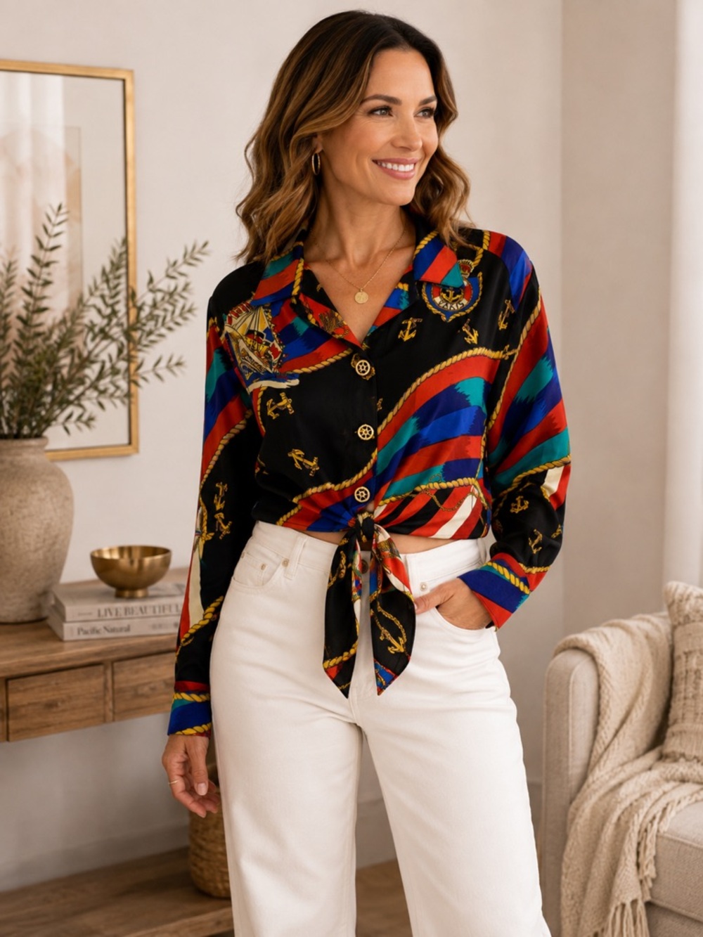 Women's Black Multi-Color Satin Button-Front Tie Blouse